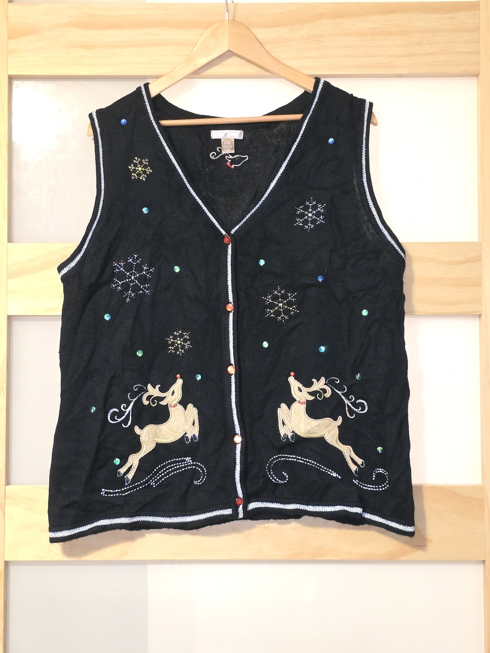 Festive Black Holiday Reindeer Embroidered Vest with Sequins And Silver Thread